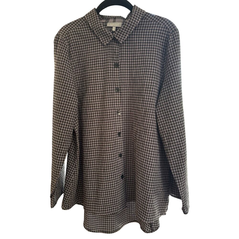 Habitat Gingham Check Button Up Shirt Tunic Top Medium Black Gray Roll Tab